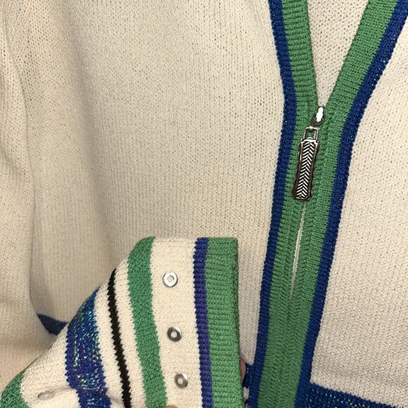 VTG St. John Sport Wool Rayon Zip Cardigan Green Blue Small Rivets Striped - Picture 2 of 9